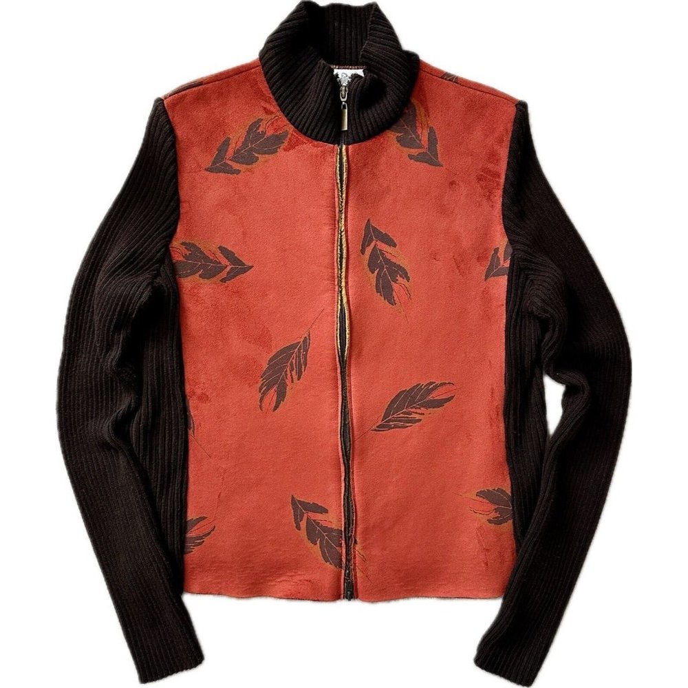 ROBERT KITCHEN CANADA Faux Suede Orange Brown Leaf Full Zip Cardigan Size Large